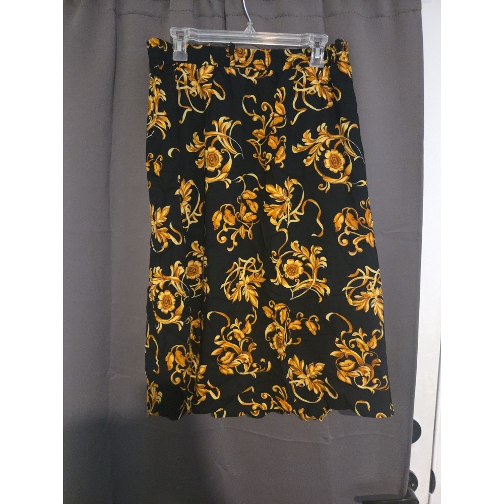 Connections Related Black Gold Baroque Print Midi Skirt. Women's Elastic‎ Waist
